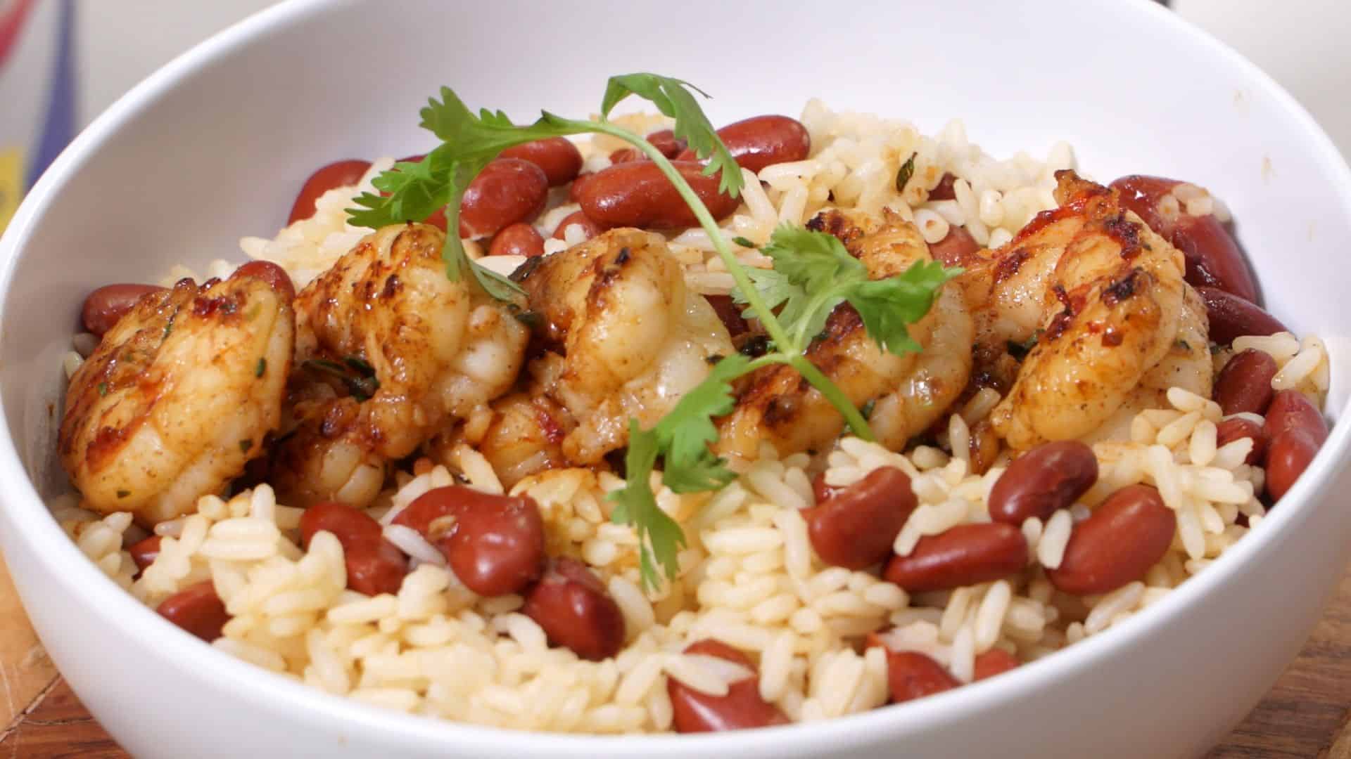 Jerk shrimp rice and beans bowl