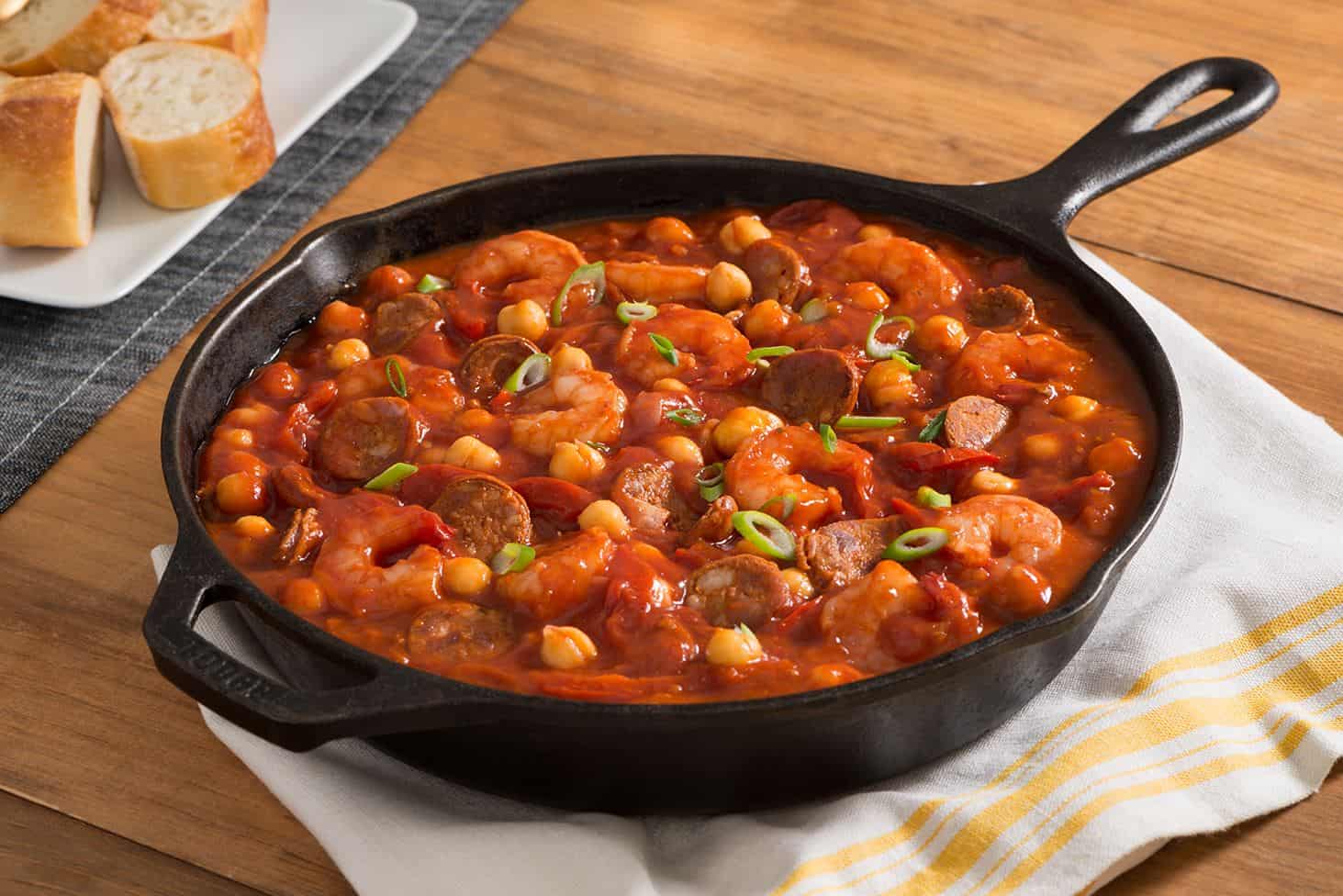 12125 chick pea skillet with chorizo and shrimp